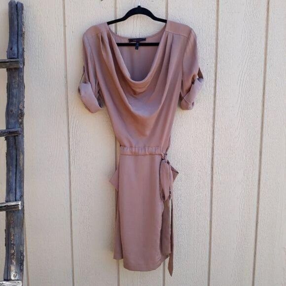 BCBGMaxAzria Alex Cowl Neck Dress Short Sleeve Belted Peasant Satin Rose Gold M - Picture 6 of 14
